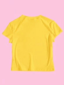 SHEIN EZwear T-shirt col rond à manches courtes d'été pour femme avec imprimé numérique 72 et lettres du Brésil - Jaune citron - Voir 2
