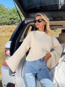 RueChic Women Bell Sleeve Cropped Oversize Casual Sweater