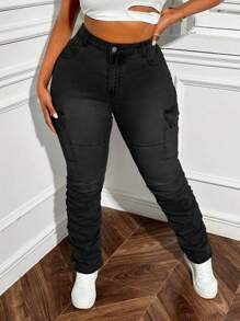 Slaydiva Plus Size Casual Washed Ruched Elastic Designed Denim Jeans - Black - View 5