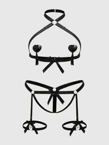 ROMWE Goth Dark Plus Size Sexy Bow Ribbon Non-Slip Nipple Sticker Lingerie 6 Pieces Set