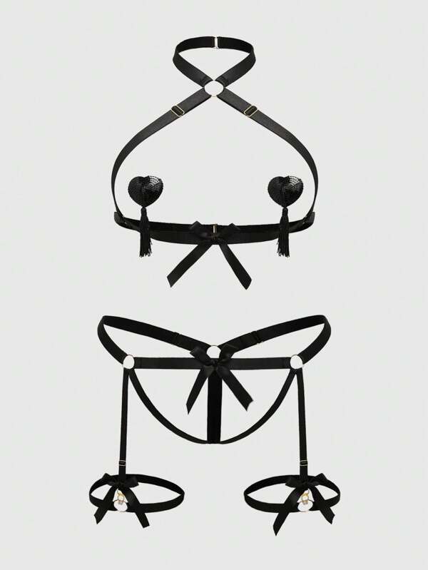 ROMWE Goth Dark Plus Size Sexy Bow Ribbon Non-Slip Nipple Sticker Lingerie 6 Pieces Set