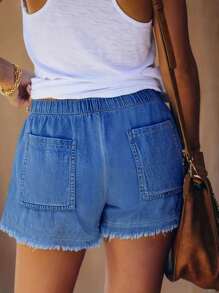 女士度假休闲松紧腰磨边牛仔短裤