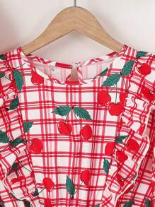 SHEIN Girls' (Big) Casual Sweet Cherry Plaid Ruffle Collar Long Sleeve Dress With Hat, Ideal For Vacation