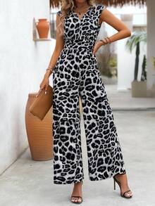 SHEIN LUNE Combinaison femme à jambes larges avec taille cintrée et col en V imprimé léopard pour l'été - Gris - Voir 3