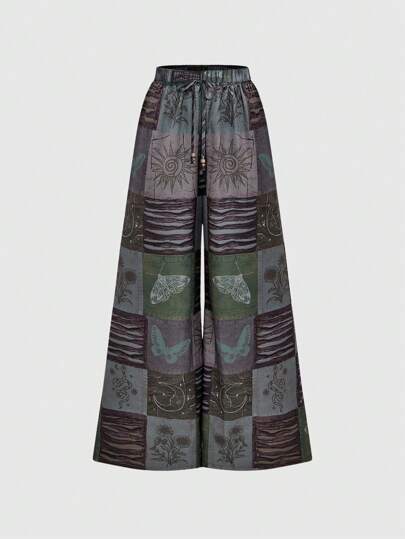 Fairycore Boho Style Loose Women's Wide Leg Pants With Star, Moon And Plant Collage Print