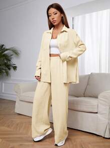 SHEIN EZwear Conjunto de 2 piezas de camisa de botones de unicolor y pantalones para mujer
