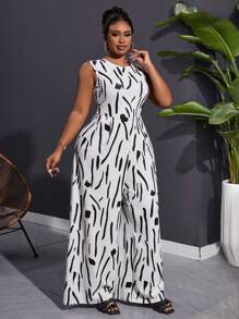 Slaydiva Plus Size Women's Casual Ink Brush Stroke Print Sleeveless Wide Leg Jumpsuit, Spring Summer - Black and White - View 5