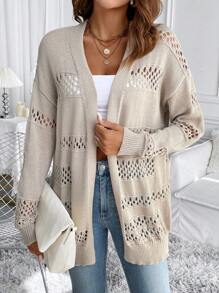 SHEIN LUNE Solid Color Hollow Out Casual Long Sleeve Cardigan - Beige - View 5