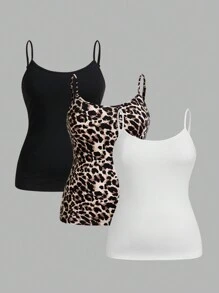 SHEIN Essnce 大码女装三件套，女士西装上衣，秋季打底外套豹纹吊带上衣，黑色上衣，白色上衣，可内搭，豹纹秋季女装上衣，秋季女装大码万圣节服装 - 彩色 - 查看 1