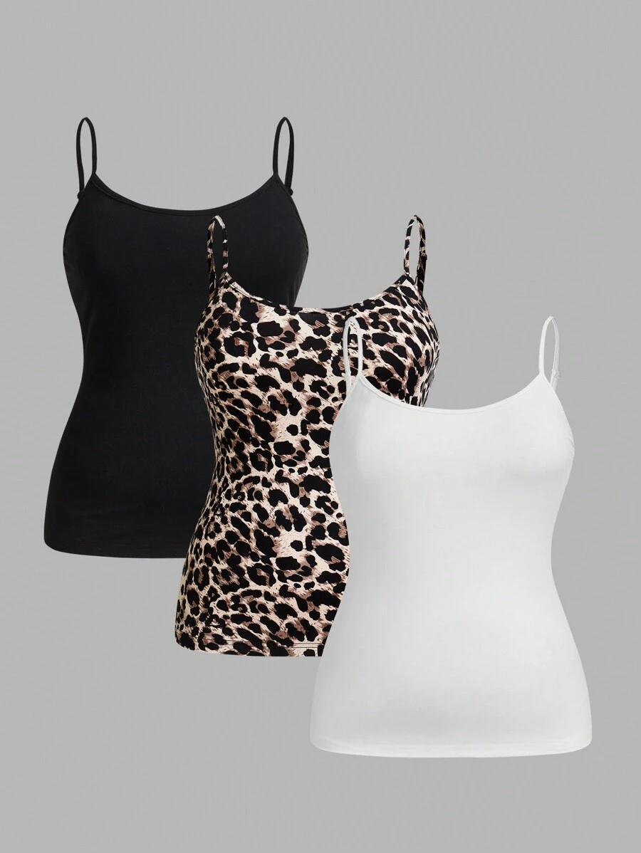 SHEIN Essnce 大码女装三件套，女士西装上衣，秋季打底外套豹纹吊带上衣，黑色上衣，白色上衣，可内搭，豹纹秋季女装上衣，秋季女装大码万圣节服装 - 彩色 - 查看 1