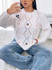 Calvaya 大码女式圆领长袖镂空刺绣休闲针织套头衫，秋冬款 - 白色 - 查看 1