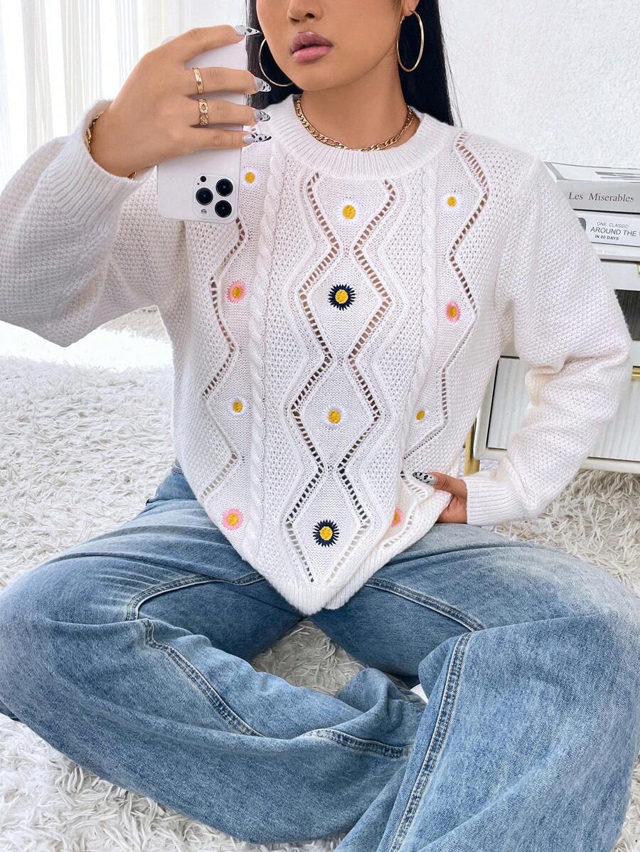 Calvaya 大码女式圆领长袖镂空刺绣休闲针织套头衫，秋冬款 - 白色 - 查看 1