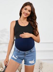 SHEIN Adjustable Waist Pocket Distressed Frayed Hem Maternity Casual Denim Shorts - Light Wash - View 1