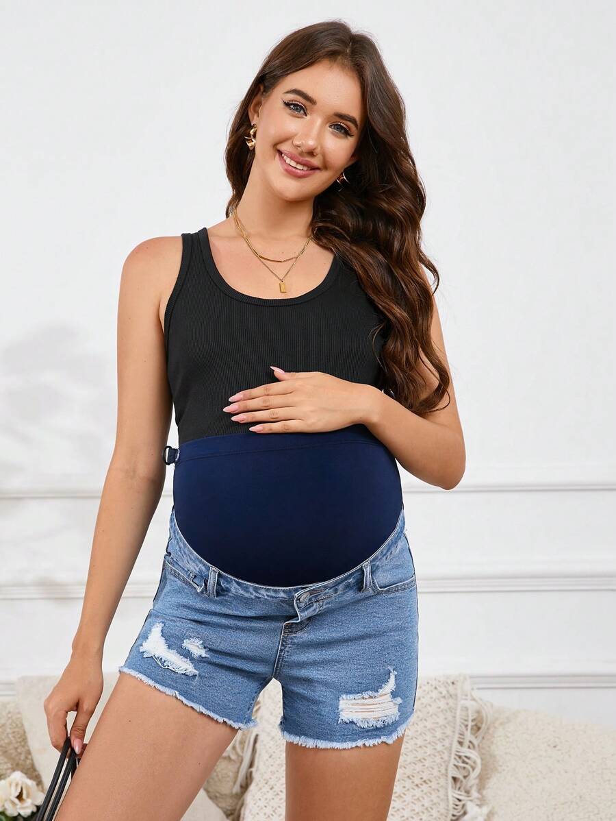 SHEIN Adjustable Waist Pocket Distressed Frayed Hem Maternity Casual Denim Shorts - Light Wash - View 1