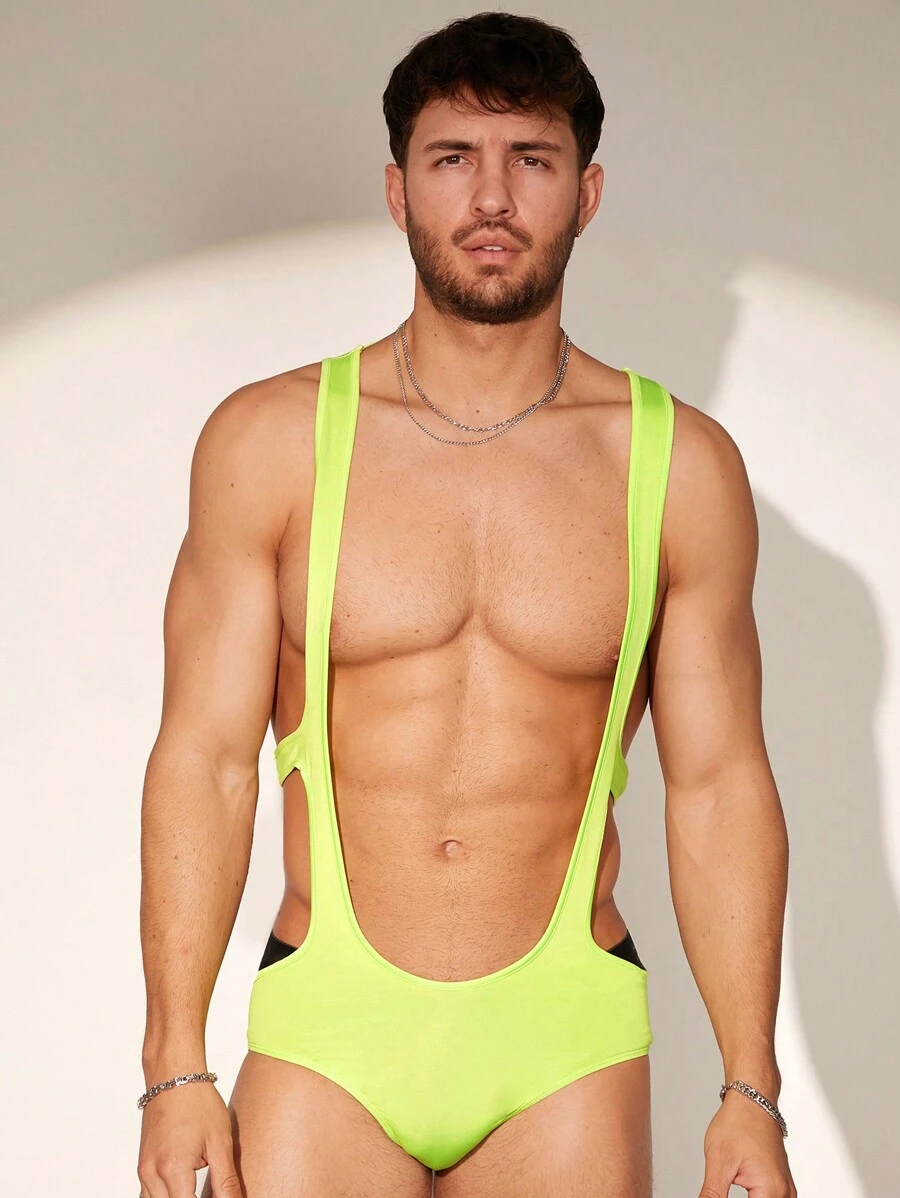 FeverCity Men Skinny Unitard & Bib Pants - Green - View 1