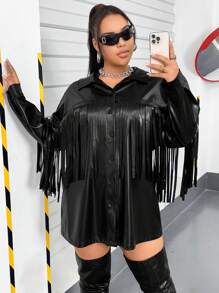 Flirla Chaqueta de manga larga con flecos de piel sintética de talla grande - Negro - Ver 10