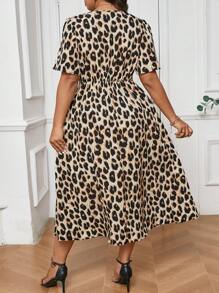 SHEIN Frenchy Plus Size Fall Vintage Leopard Print Short Sleeve Kink Cinched 
Waist Dress - Multicolor - View 6