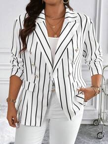 Calvaya Áo khoác Blazer dài tay giản dị tối giản sọc đen trắng cỡ lớn cho nữ - Đen và trắng - Xem 3