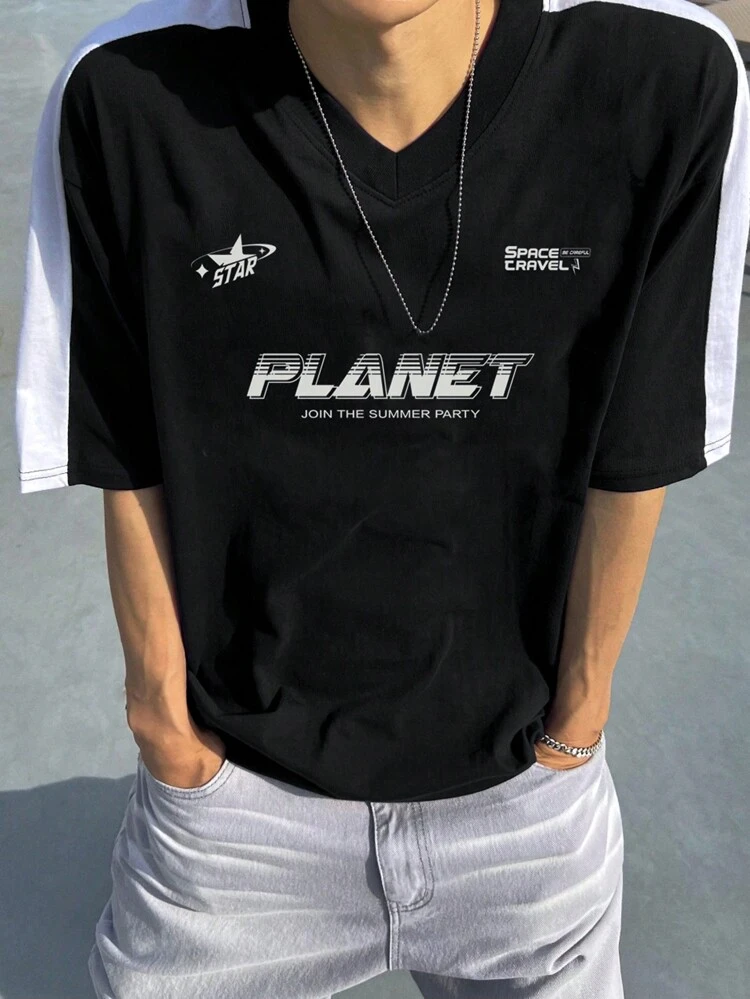 Men's Summer Letter Printed V-Neck Short Sleeve Casual T-Shirt,Fall Clothes