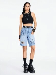 ROMWE Grunge Punk Shorts de mezclilla sueltos rectos de talle medio para mujer con bordado de estrella, diseño de graffiti, rasgaduras y varios bolsillos - Azul - Ver 3