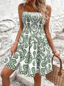 SHEIN LUNE Women's Vintage Style Printed Casual Spaghetti Strap Dress