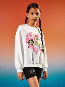 THE POWERPUFF GIRLS X SHEIN Sudadera oversized con estampado a cuadros blanco y rosa degradado y gráfico de dibujos animados para niña preadolescente - Blanco - Ver 8