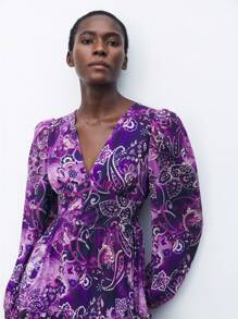 Maija Women's Random Print Simple Daily V-Neck Long Sleeve Mini Dress - Purple - View 7