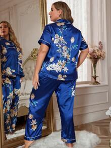 Women's Plus Size Simulated Silk Large Floral Elegant Satin Pajama Set - Blue - View 2