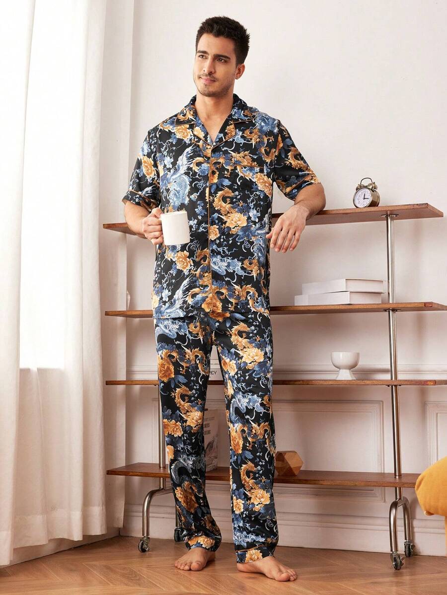 男士中国龙印花单排扣短袖上衣和裤子睡衣套装 - 彩色 - 查看 1