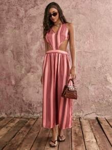 COSMINA Women's Casual Elegant Vacation Style Orange Pink Taupe Red Striped Cutout Waist Sleeveless Dress - Multicolor - View 4