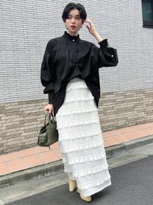 FRIFUL 女式春夏纯色落肩长袖衬衫（后背带蝴蝶结） - 黑色 - 查看 2
