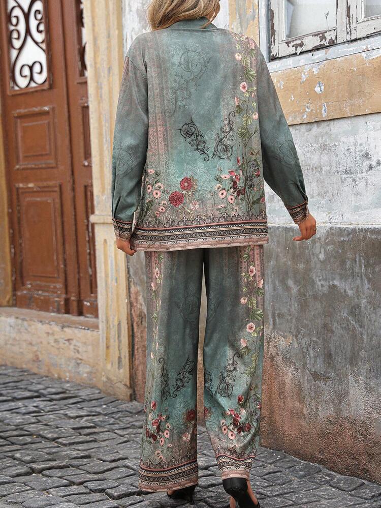 2pcs Women's Chinese Style Vintage Print Shirt And Pants Set, Casual Autumn Outfit