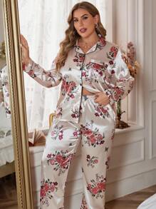 Plus Size Casual Kimono Style Floral Print Pajamas Set - Apricot - View 3
