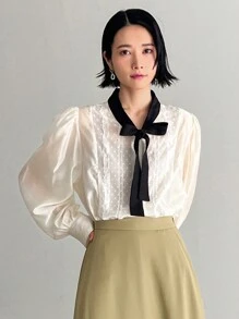 FRIFUL 女士蝴蝶領休閒日常長袖上衣 - 米色 - 查看 11