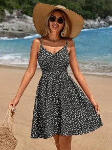 SHEIN VCAY Women's Casual Heart Print Spaghetti Strap Summer Dress - Black - View 5