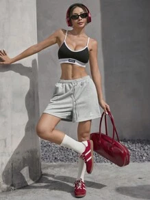 SHEIN EZwear Summer Loose Casual Pink Drawstring Waist Patch Detail Sports Shorts - Light Grey - View 4