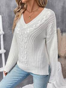 Chiquease Damski sweter w jednolitym kolorze, z prostym dekoltem w kształcie litery V i luźną dzianiną