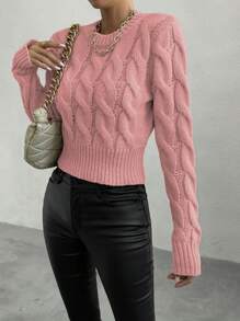 Chiquease Casual Plain Color Cable Cropped Sweater, Autumn Spring, Knit Pullover Fall Winter - Pink - View 4