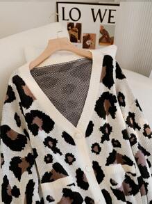 SHEIN EZwear Plus Size Leopard Print Sweater Coat For Autumn & Winter - Brown - View 4