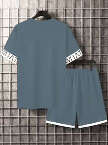 Manfinity Homme Hombres verano deportes y ocio camiseta de manga corta de cuello redondo impreso de bloques de color letras y pantalones cortos