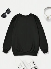 Gudetama X SHEIN Bluza Tween Boy o luźnym kroju i nadruku z okrągłym dekoltem i długim rękawem, czarna