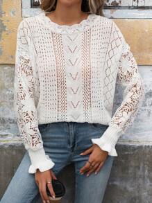 SHEIN LUNE 女士白色蕾丝拼布镂空毛衣，秋季假期 - 白色 - 查看 1