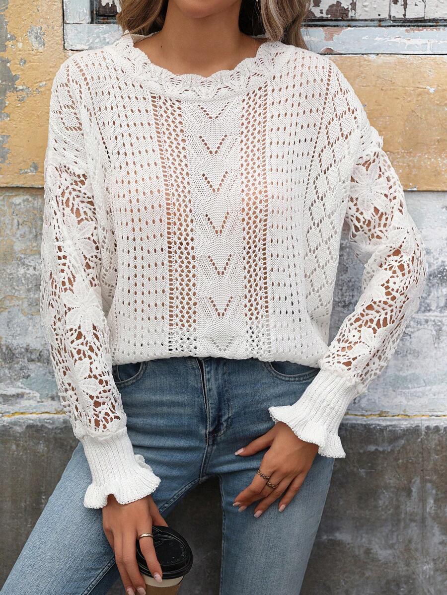 SHEIN LUNE 女士白色蕾丝拼布镂空毛衣，秋季假期 - 白色 - 查看 1