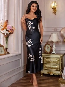 LuxeNights Floral Print Satin Cami Pajama Nightdress Long Dress Luxeloungewear, Vacation