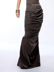 MUSERA 低腰褶皱及地长裙，优雅性感，适合夏季派对和复活节穿着。 - 棕色 - 查看 1