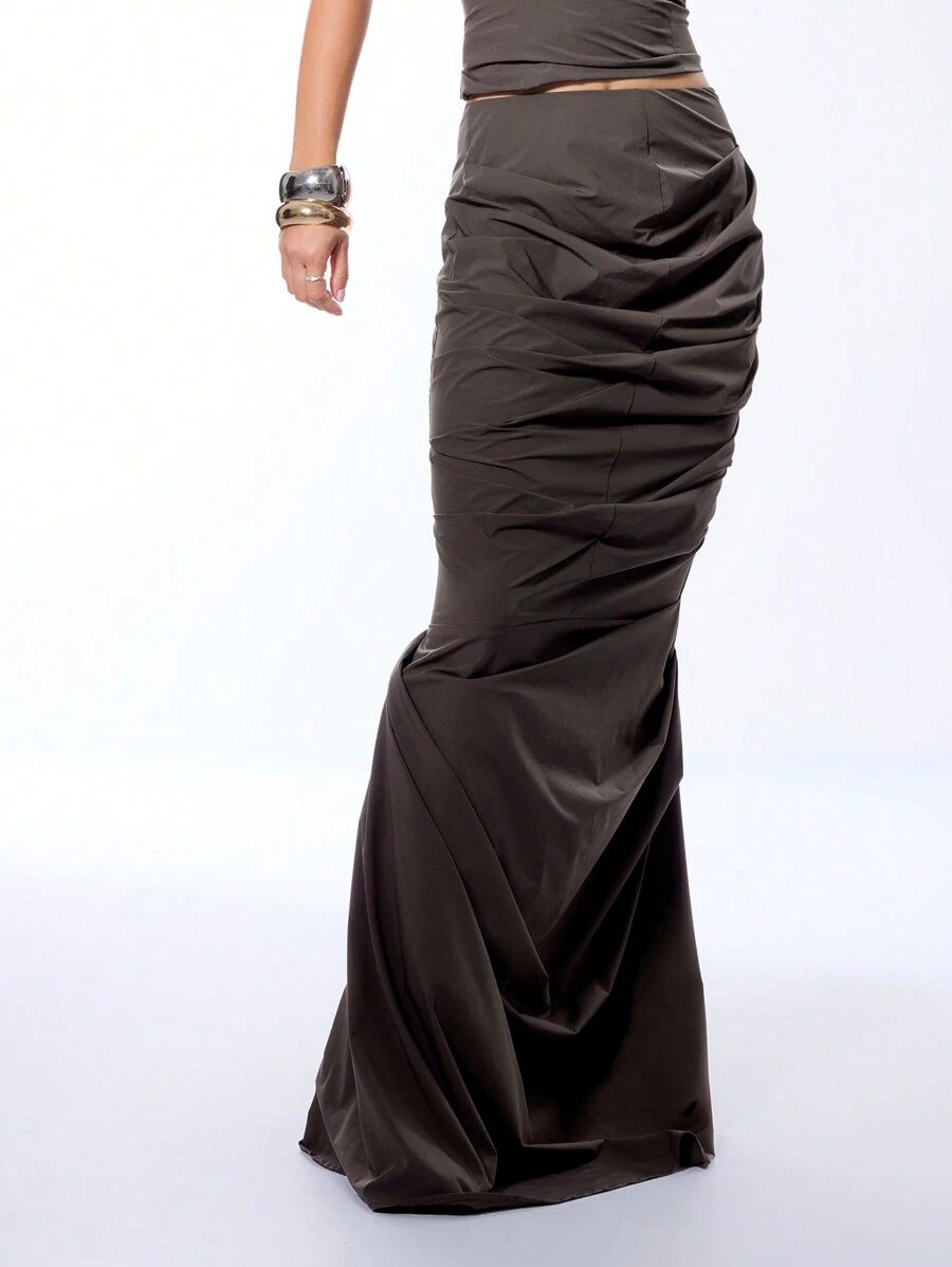 MUSERA 低腰褶皱及地长裙，优雅性感，适合夏季派对和复活节穿着。 - 棕色 - 查看 1