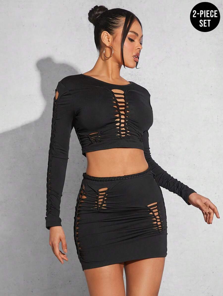 SHEIN Unity 扭纹镂空短款上衣和半身裙两件套 - 黑色 - 查看 1