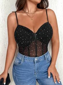 NU&NOW Bodysuit Renda Tanpa Lengan Ukuran Besar dengan Tali Bahu Tipis, Tanpa Punggung, dan Dekorasi Berkilau - Hitam - View 3