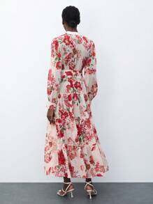 Maija 花卉印花雪纺下摆 A 字裙，灯笼袖，宽松休闲优雅连衣裙，适合度假、海滩、节日派对、情人节 - 彩色 - 查看 3