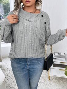 Calvaya Große Größen Lässig einfarbiger asymmetrischer Kragen Pullover, Strick Pullover für Frühling & Herbst, Herbst Winter - Hellgrau - Übersicht 3
